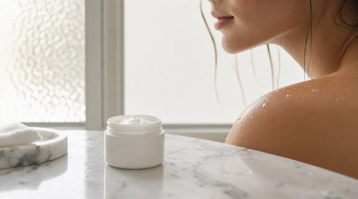 Close-up of healthy, calm skin with a ceramide moisturizer jar on a marble surface