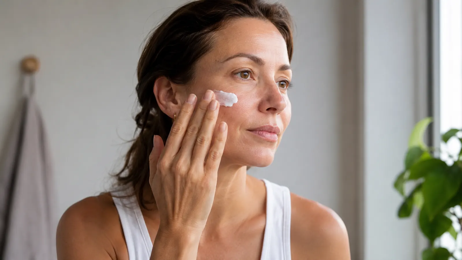 Woman applying mineral sunscreen to her face near a bright window, skin glowing and calm