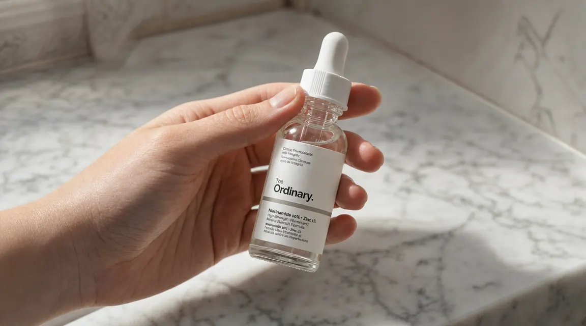 Hand holding a dropper of The Ordinary Niacinamide 10% + Zinc 1% serum over a bathroom counter