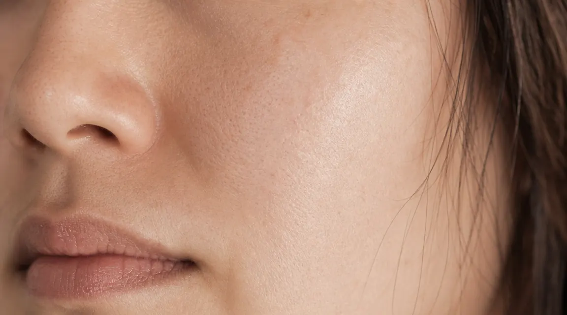 Close-up of clear skin with minimized pores after consistent niacinamide serum use