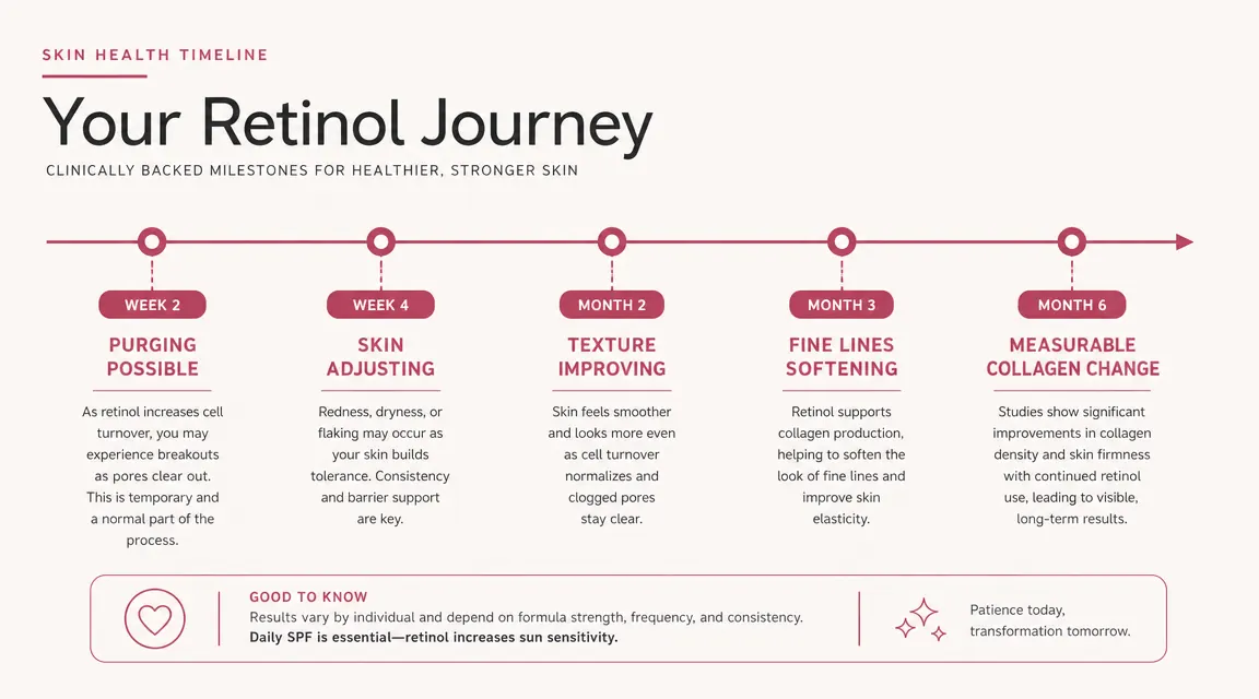 Timeline chart showing retinol skin improvement milestones from week 2 through month 6, labeled with skin changes at each stage