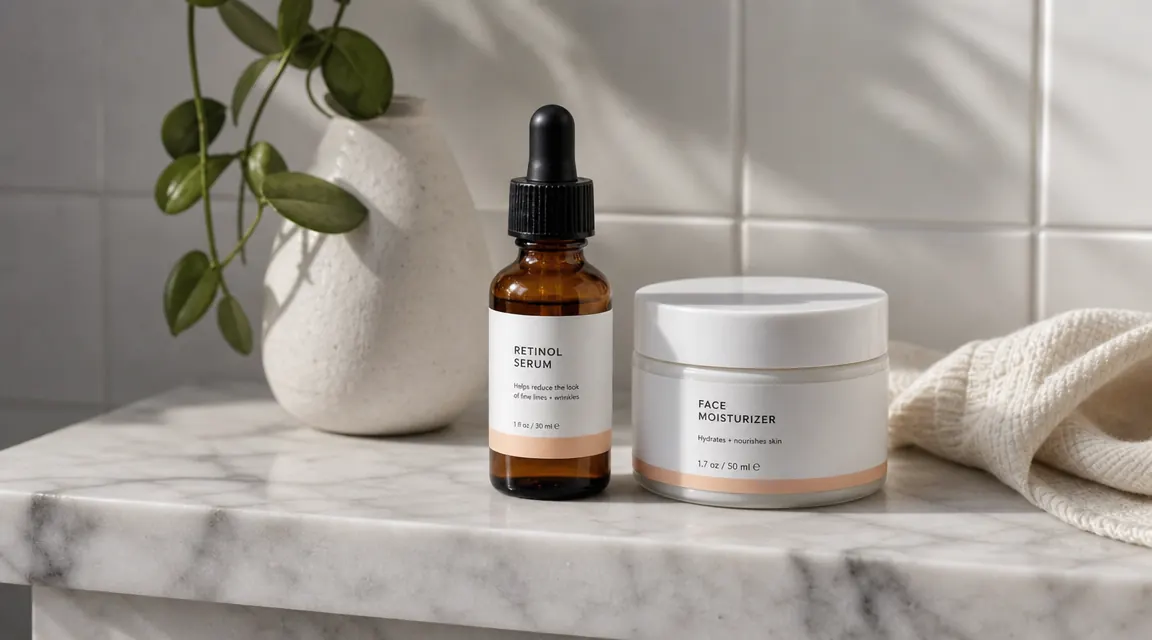 Small amber bottle of retinol serum on a white marble bathroom shelf next to a moisturizer, morning light coming through a frosted window