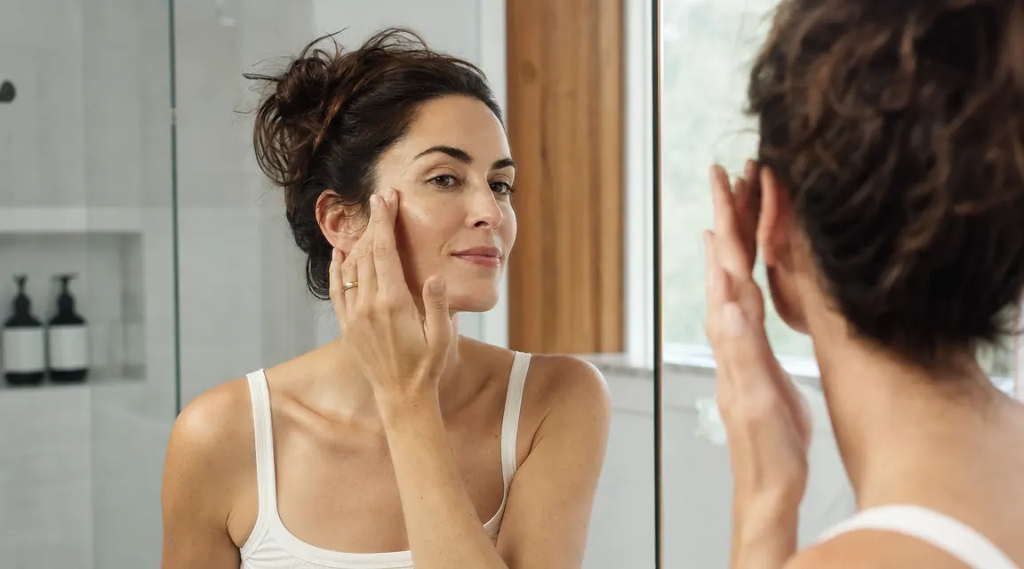 Woman pressing fingertips to glowing cheekbone in soft morning bathroom light