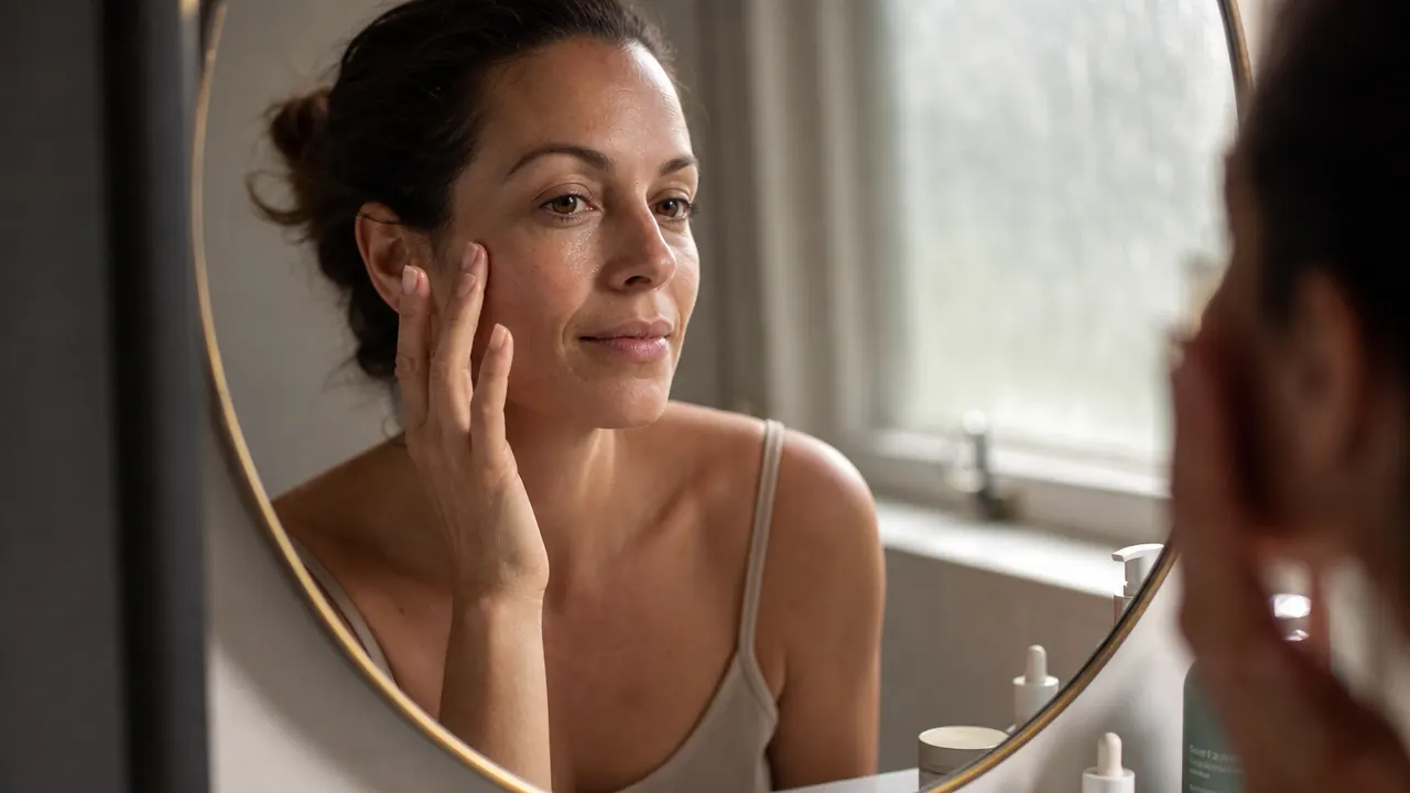 Close-up of a woman in her late 30s examining her skin in a bathroom mirror under soft morning light
