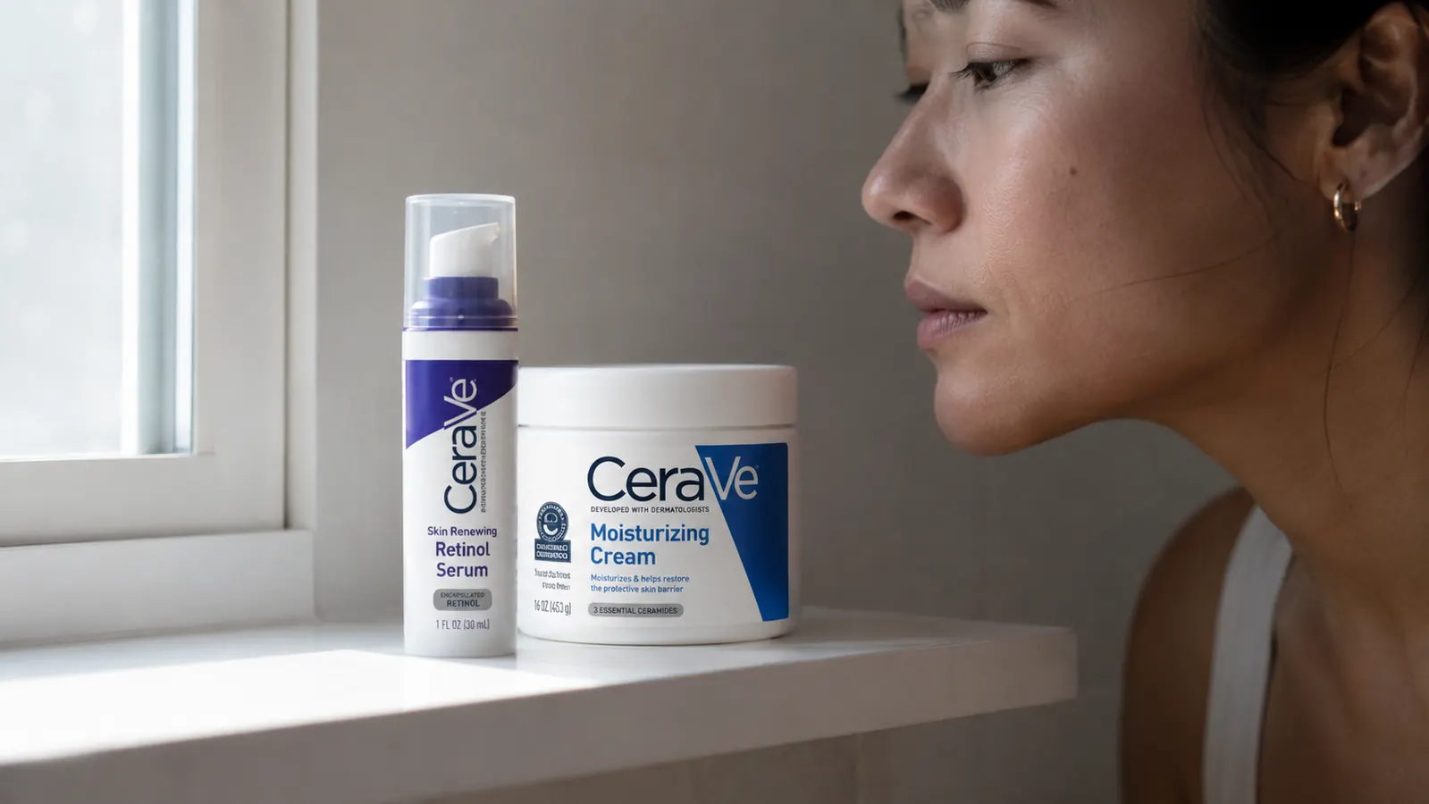 CeraVe Retinol Serum bottle on a clean bathroom shelf beside a moisturizer, morning light coming through a frosted window