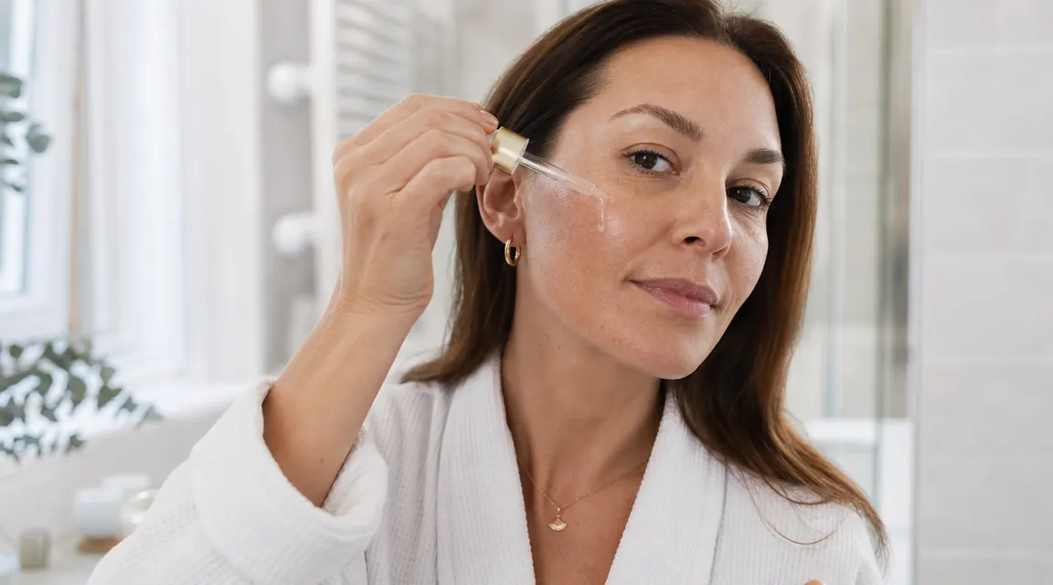 Woman applying a small amount of serum to her cheek in a bright bathroom mirror