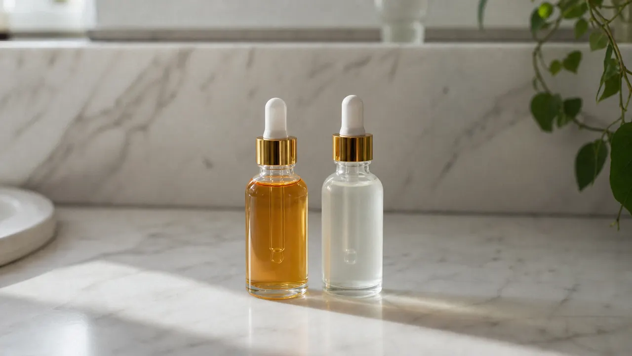 CeraVe Anti Aging Retinol Serum bottle and The Ordinary Retinol 0.5% in Squalane bottle side by side on a marble bathroom counter