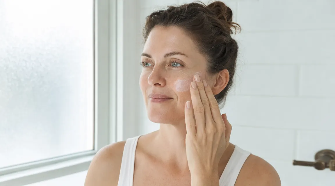 Woman applying lightweight sunscreen to her face in morning bathroom light, clear skin, dewy finish