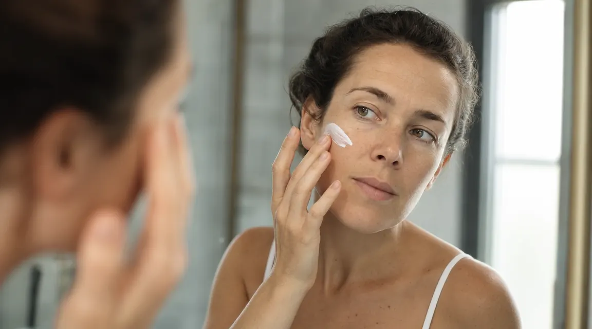 Woman with combo skin applying a small pearl of white sunscreen to her cheek in a well-lit bathroom mirror