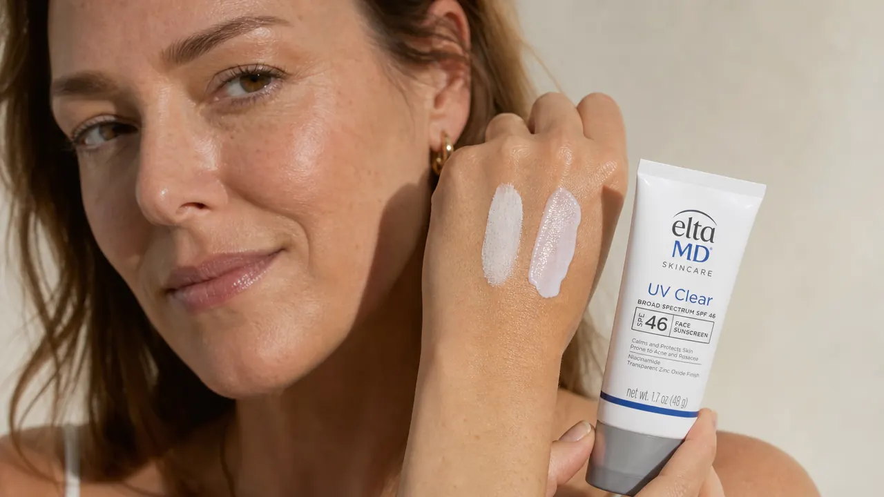 Side-by-side comparison of two sunscreen textures on the back of a hand, one matte-finish left, one slightly dewy right