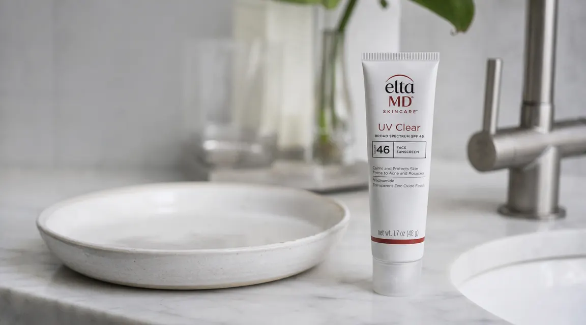 Close-up of a minimalist bathroom counter with EltaMD UV Clear tube, a clean white towel, and soft morning light from a frosted window