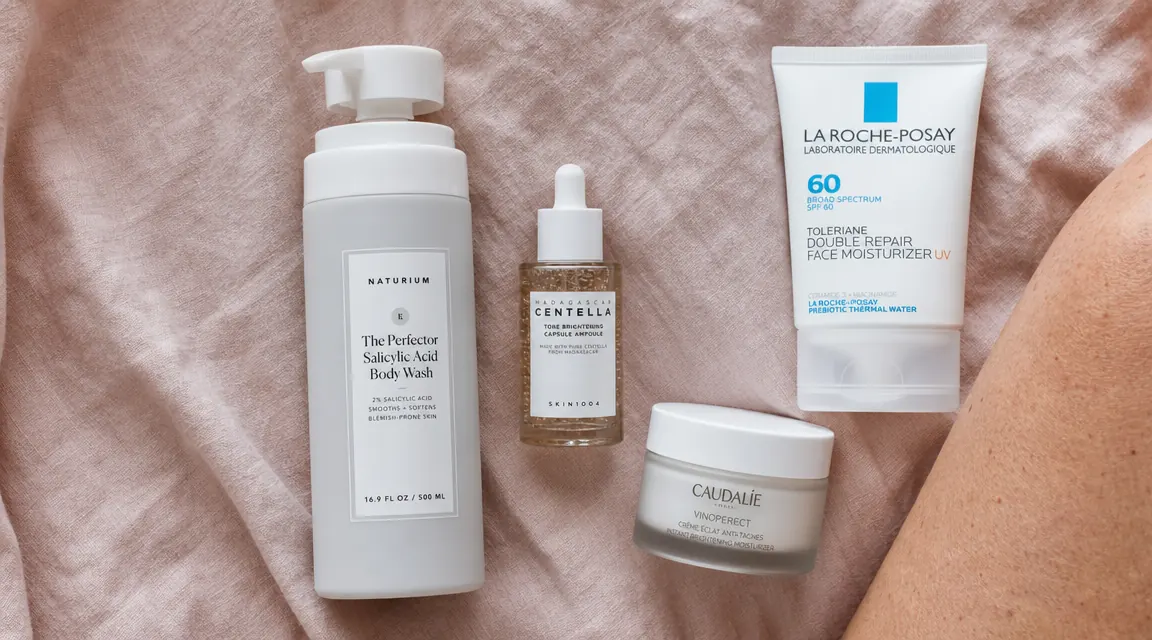 Overhead flat-lay of a minimal morning skincare routine: cleanser, serum, moisturizer, and EltaMD UV Clear tube