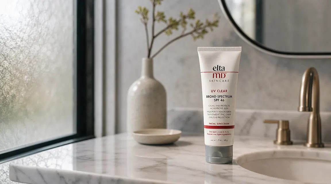 EltaMD UV Clear SPF 46 tube on a white marble bathroom counter with morning light coming through a frosted window