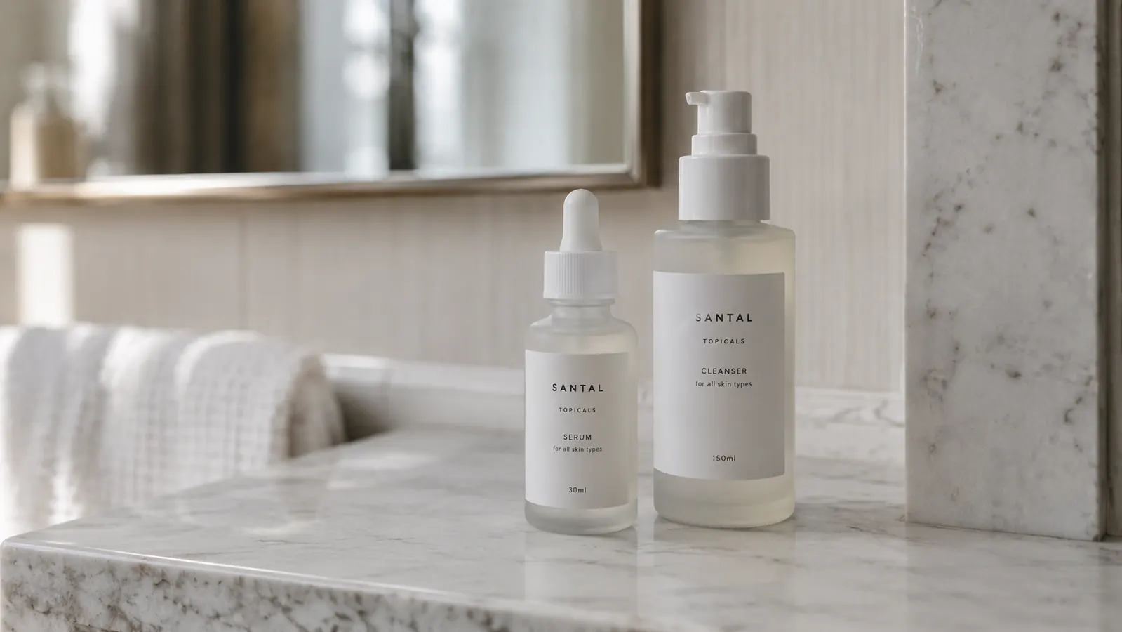 Two sunscreen bottles side by side on a white bathroom shelf with soft morning light coming through a frosted window