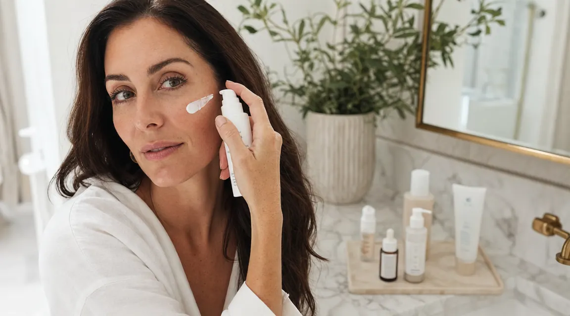 Woman applying mineral sunscreen to face in morning bathroom light, skincare routine laid out on marble counter