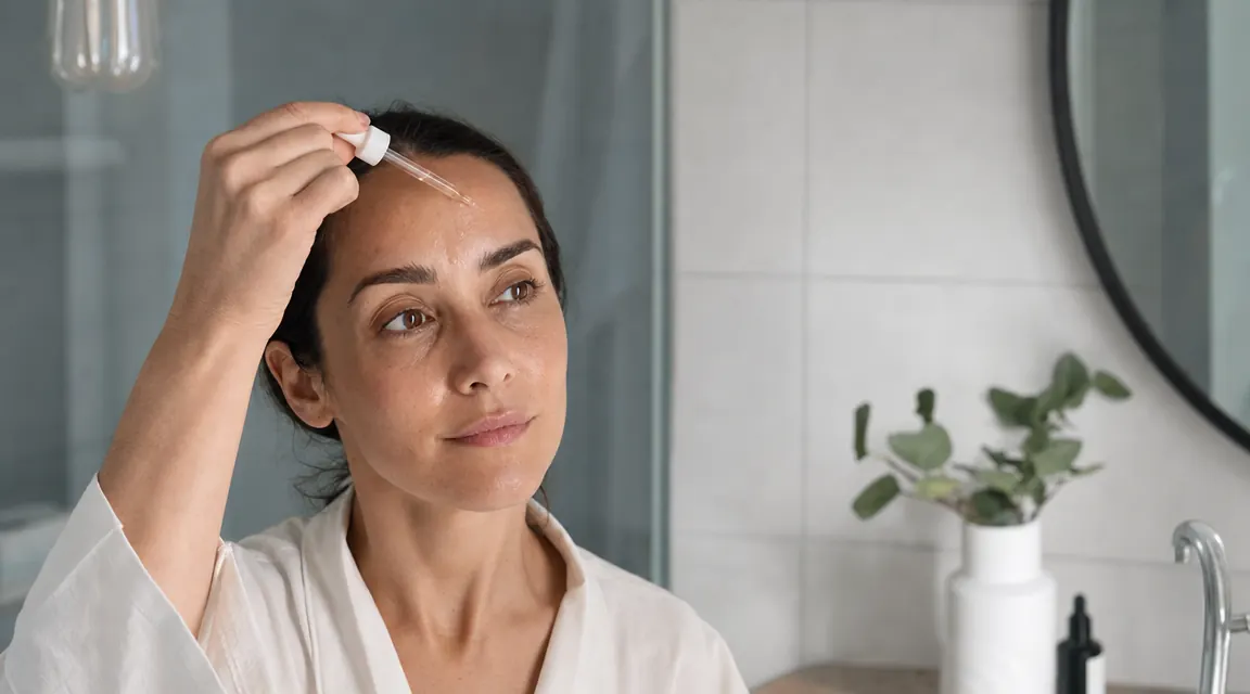 Close-up of a woman patting a clear serum into clean, slightly shiny skin on her T-zone, morning light through a bathroom window