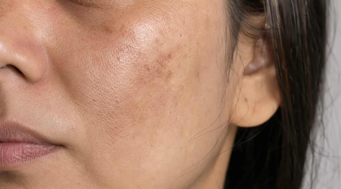 Close-up of cheek skin showing uneven tone and faded post-breakout hyperpigmentation marks