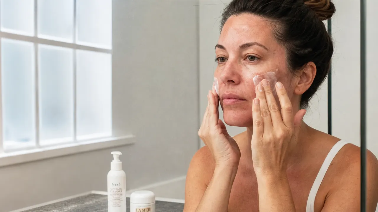 Woman gently applying moisturizer to clean, slightly flushed skin in a softly lit bathroom