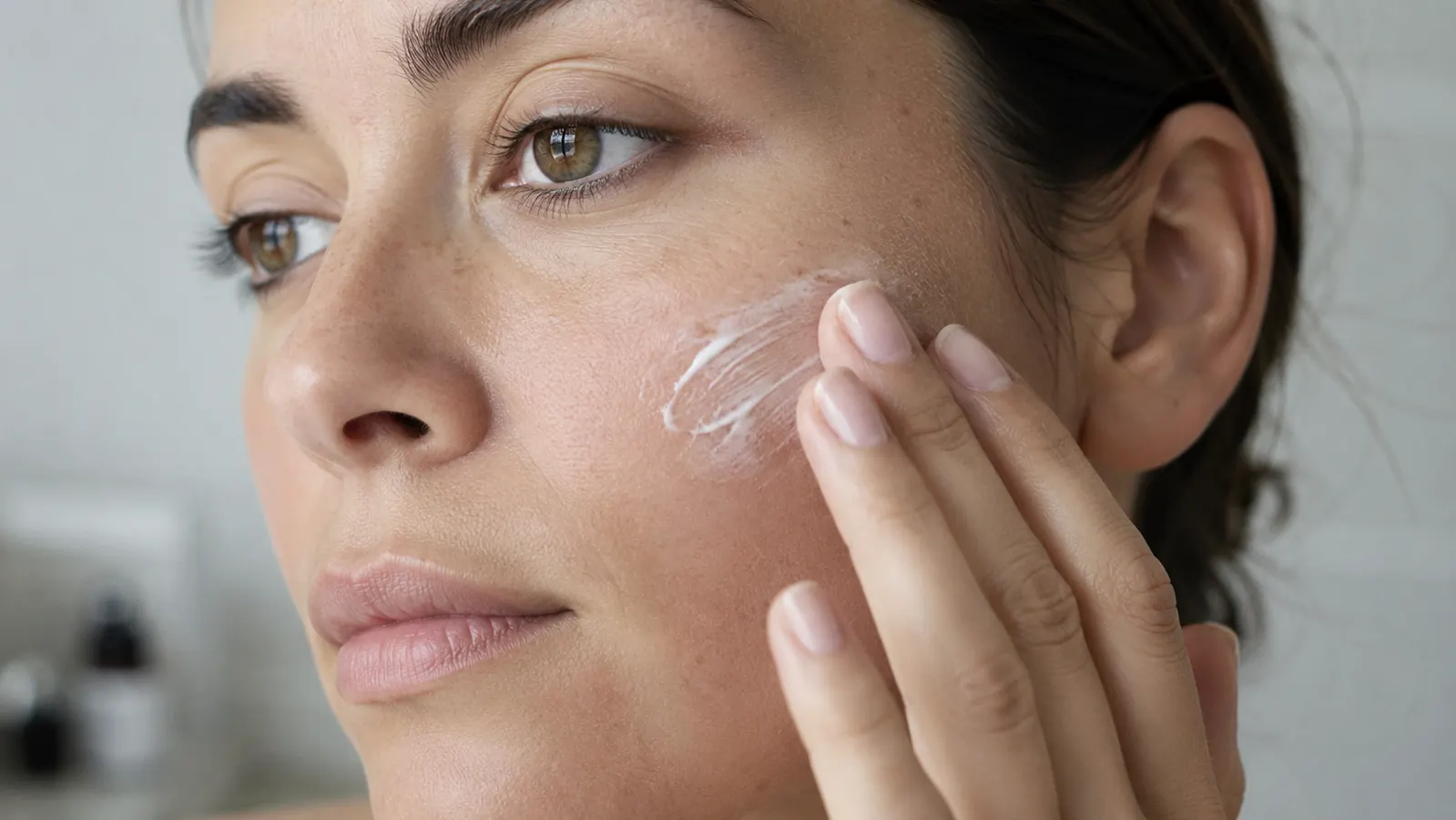 Close-up of a woman applying a white cream moisturizer to her cheekbone with her fingertips