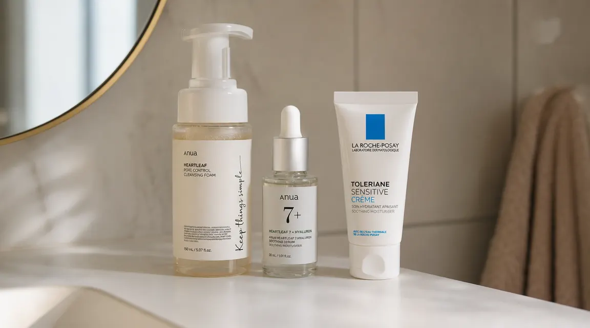 A shelf with a simplified skincare routine: cleanser, one serum, and the Toleriane moisturizer