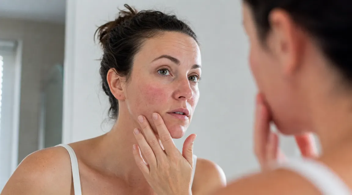 Woman looking at her reflection in a bathroom mirror, frustrated by red, flaky skin on her cheeks
