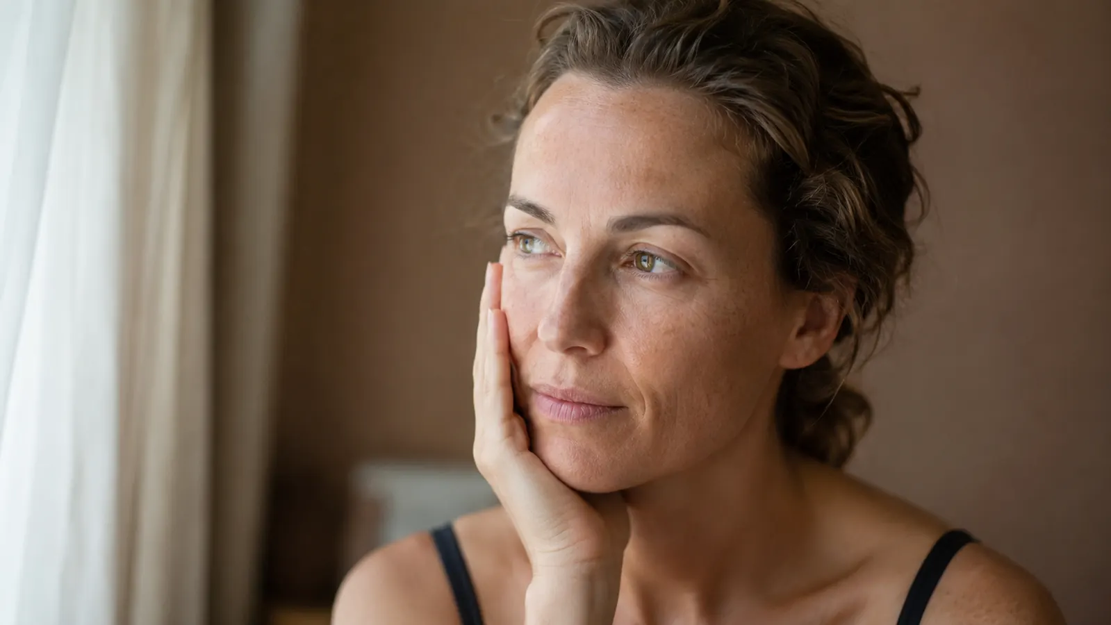 Woman pressing her fingertips gently to her cheek in soft morning window light, skin visibly calm and even-toned