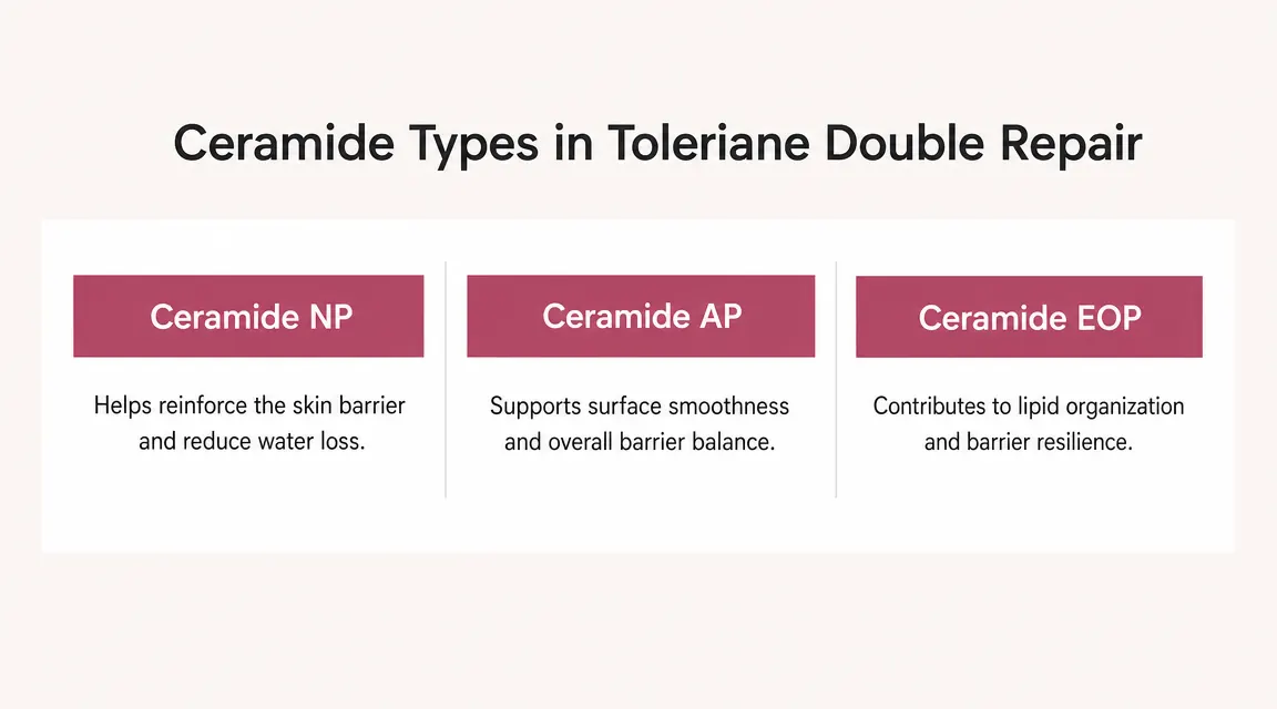 Diagram showing the three ceramide types in the formula labeled NP, AP, and EOP against a cross-section of skin layers