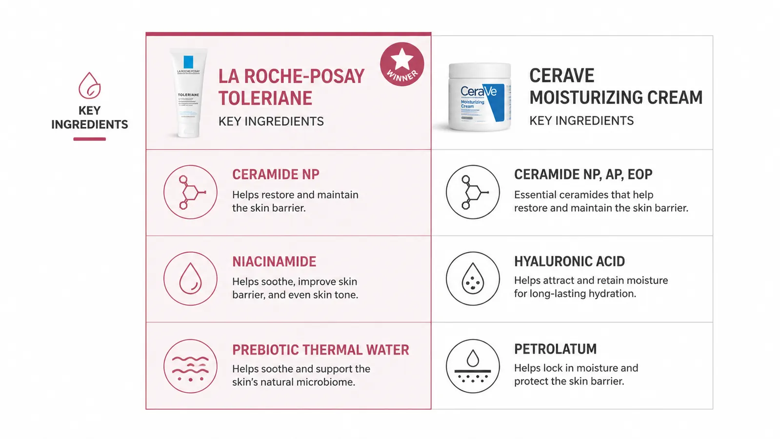 Side-by-side ingredient comparison chart for Toleriane Double Repair vs CeraVe Moisturizing Cream key actives