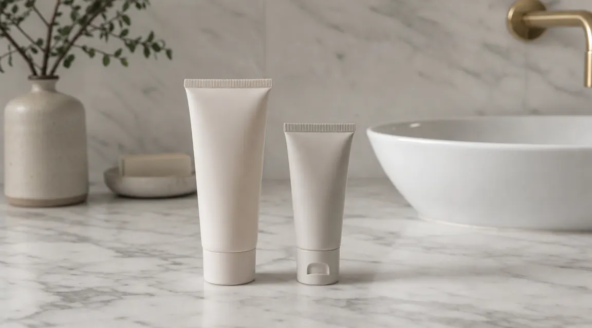 Two moisturizer tubes side by side on a white marble bathroom counter, soft morning light coming through a frosted window