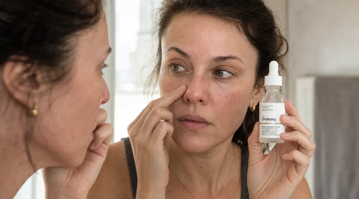 Close-up of a woman examining pore texture on her nose and cheek in natural window light
