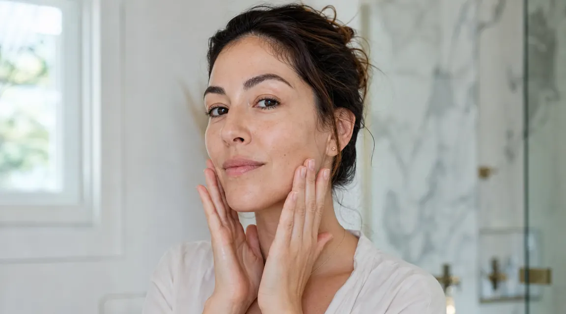 Woman with clear combination skin looking at her reflection with satisfaction after applying serum