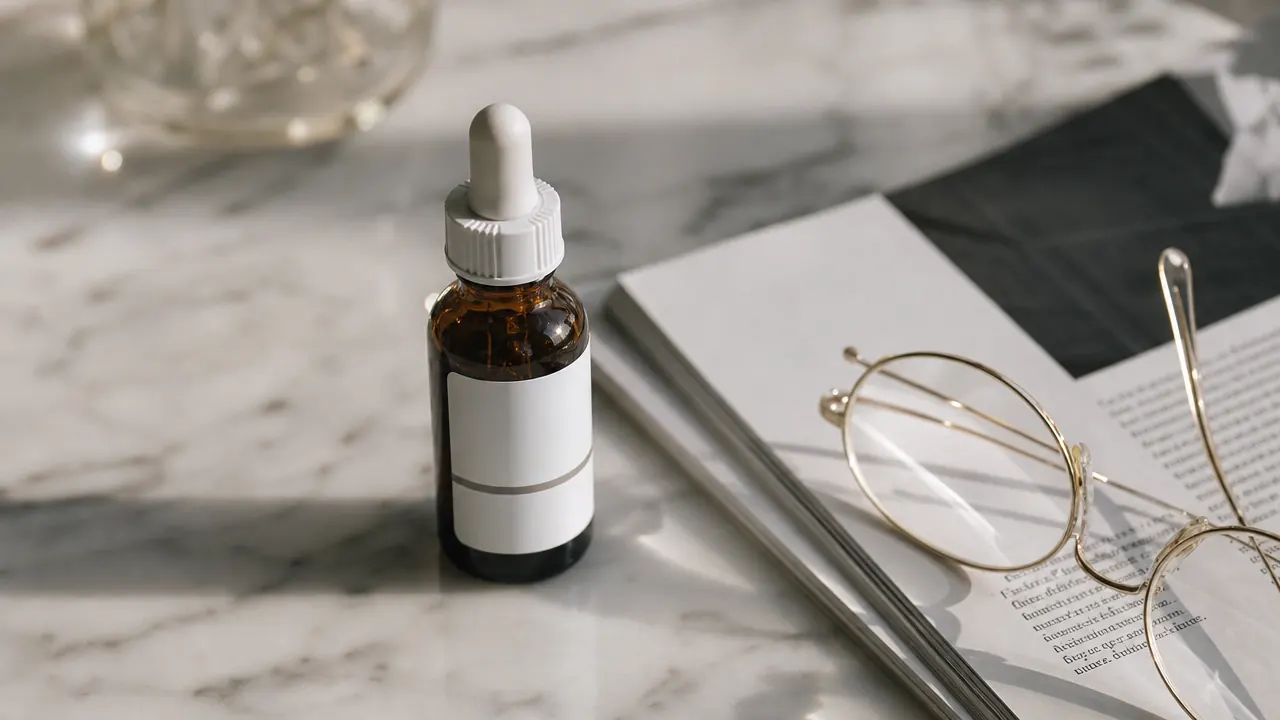 The Ordinary Niacinamide 10% Plus Zinc 1% dropper bottle open on a clean marble surface next to a printed research paper and reading glasses