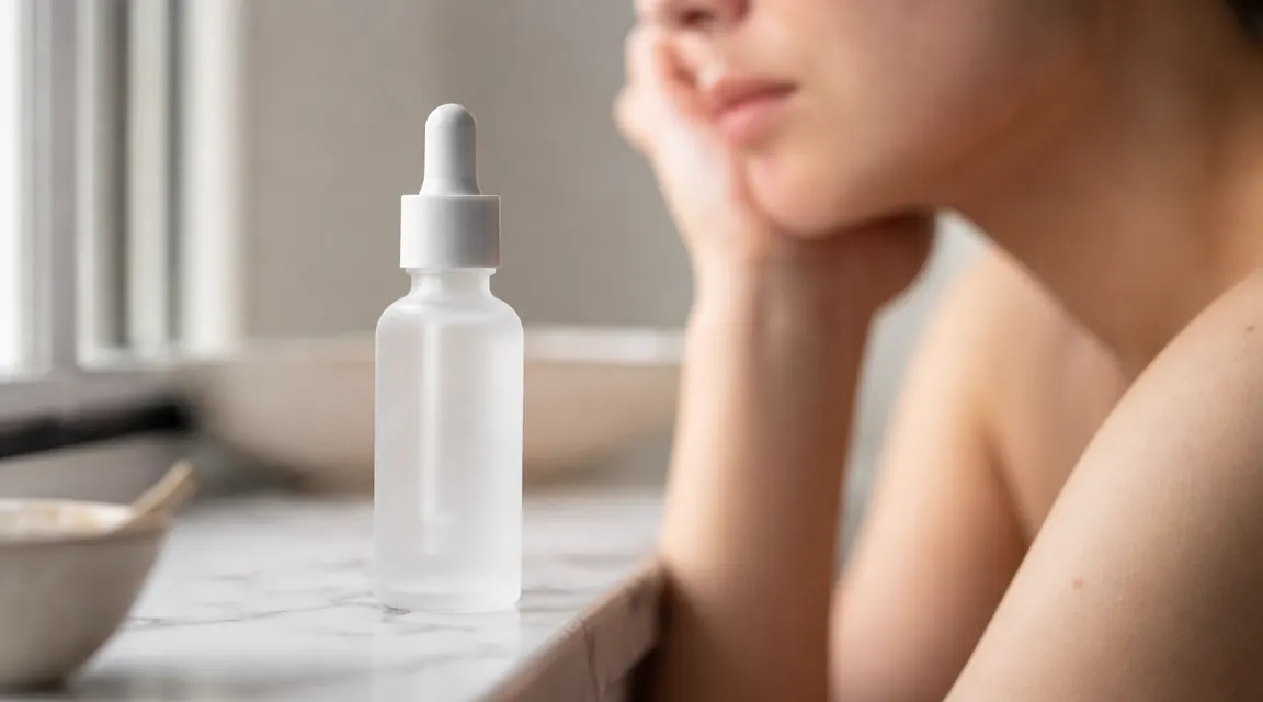 Small brown dropper bottle of The Ordinary Niacinamide 10% Plus Zinc 1% serum on a white bathroom shelf beside a ceramic soap dish