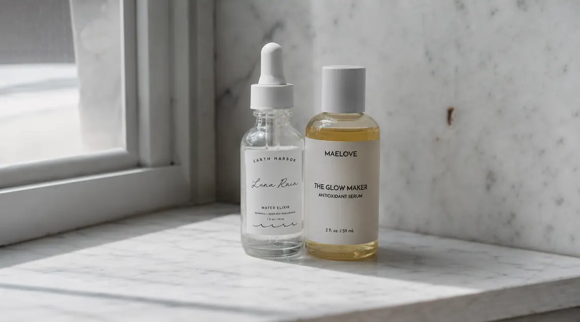 Two skincare bottles side by side on a marble bathroom shelf, one clear serum labeled niacinamide, one pale liquid exfoliant