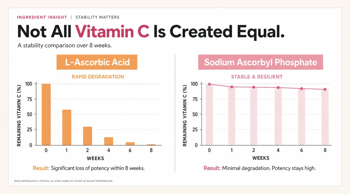 Diagram comparing L-ascorbic acid stability versus sodium ascorbyl phosphate stability over time in a simple two-bar chart