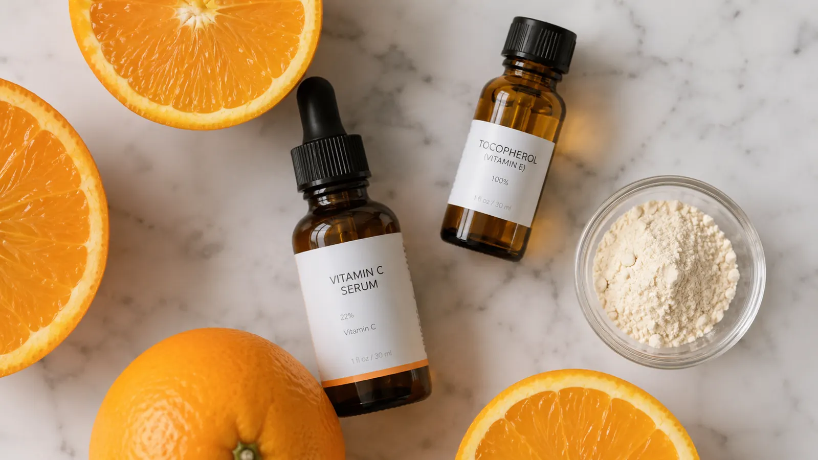 Close-up flat lay of TruSkin Vitamin C Serum bottle on a white surface surrounded by the raw ingredient sources: orange slices, a small vial of vitamin E oil, and ferulic acid powder