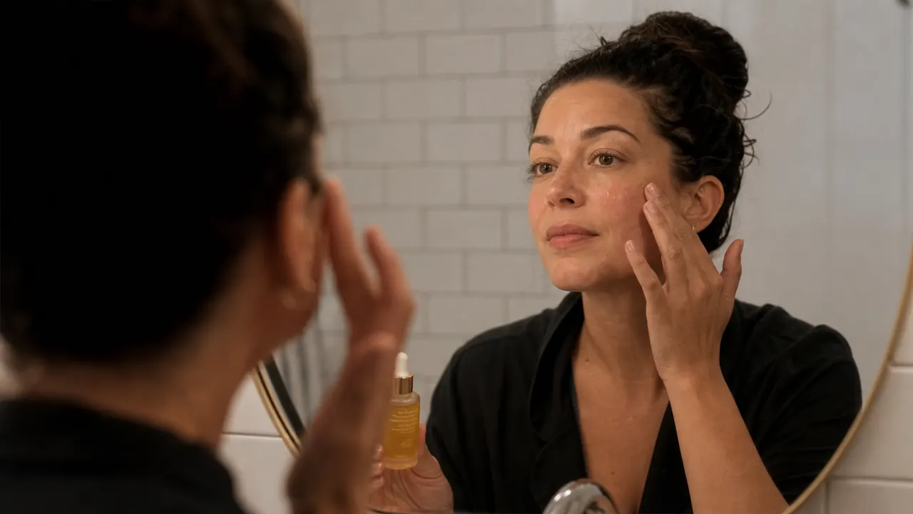 Woman in her late 30s applying a golden vitamin C serum to her face in soft morning bathroom light