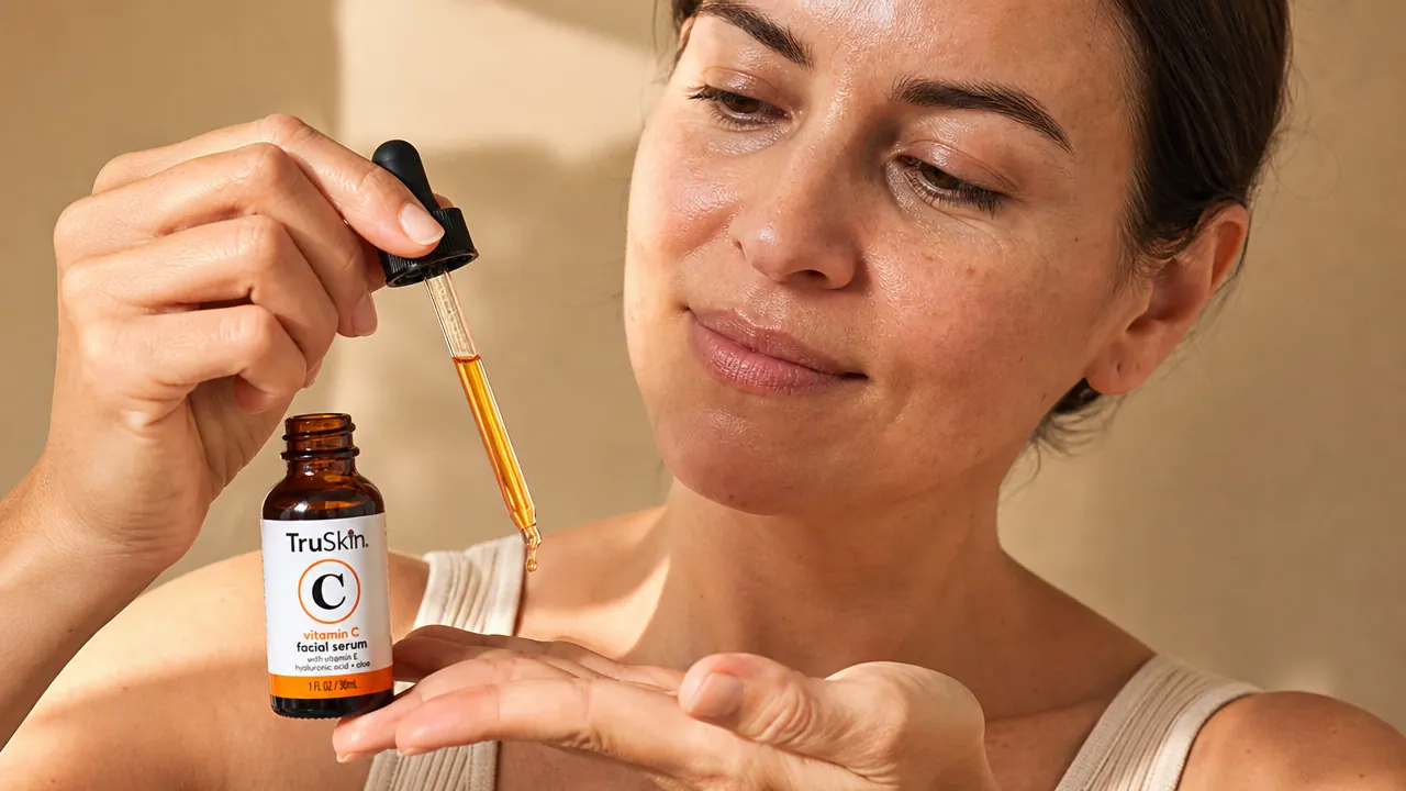 Hand holding a dropper of TruSkin Vitamin C Serum over a palm, golden serum catching light