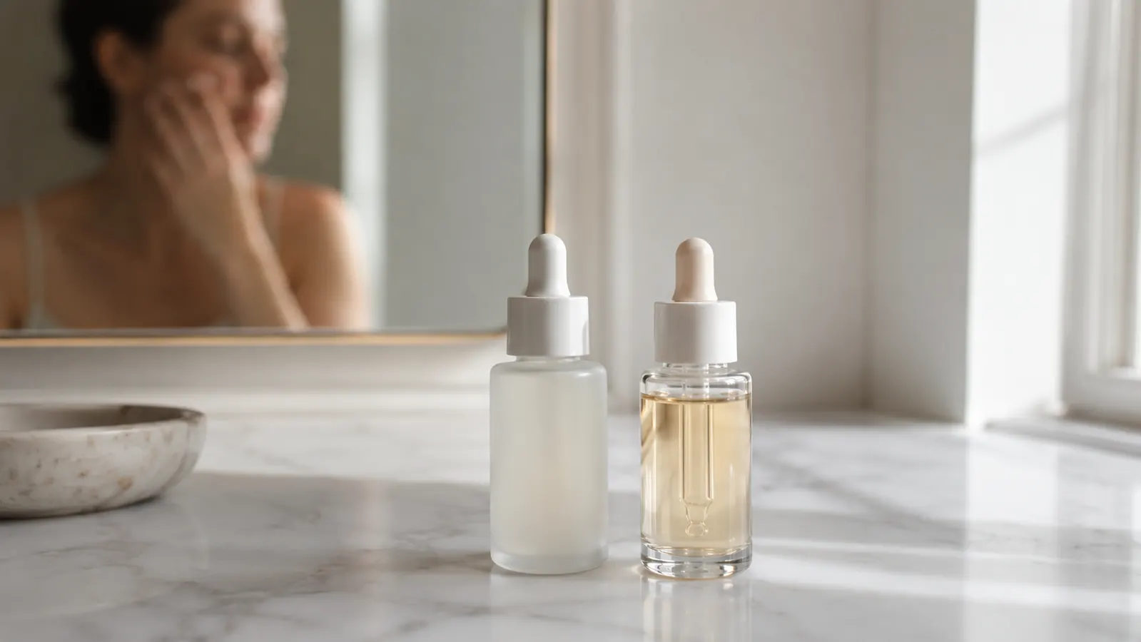 Two vitamin C serum bottles side by side on a white marble vanity with morning window light